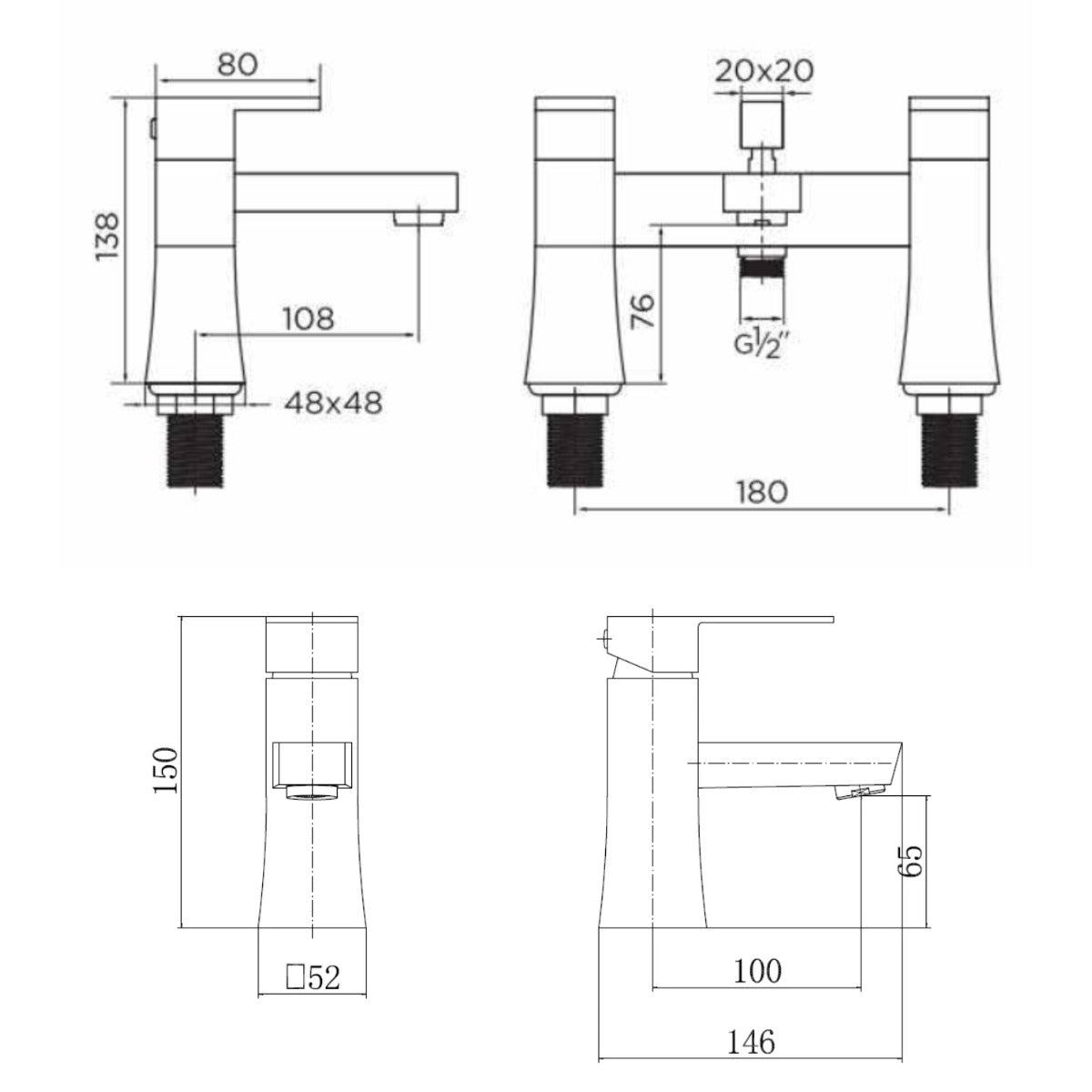 Bath Shower Mixer & Square Basin Mixer Tap Deal - Technical drawing