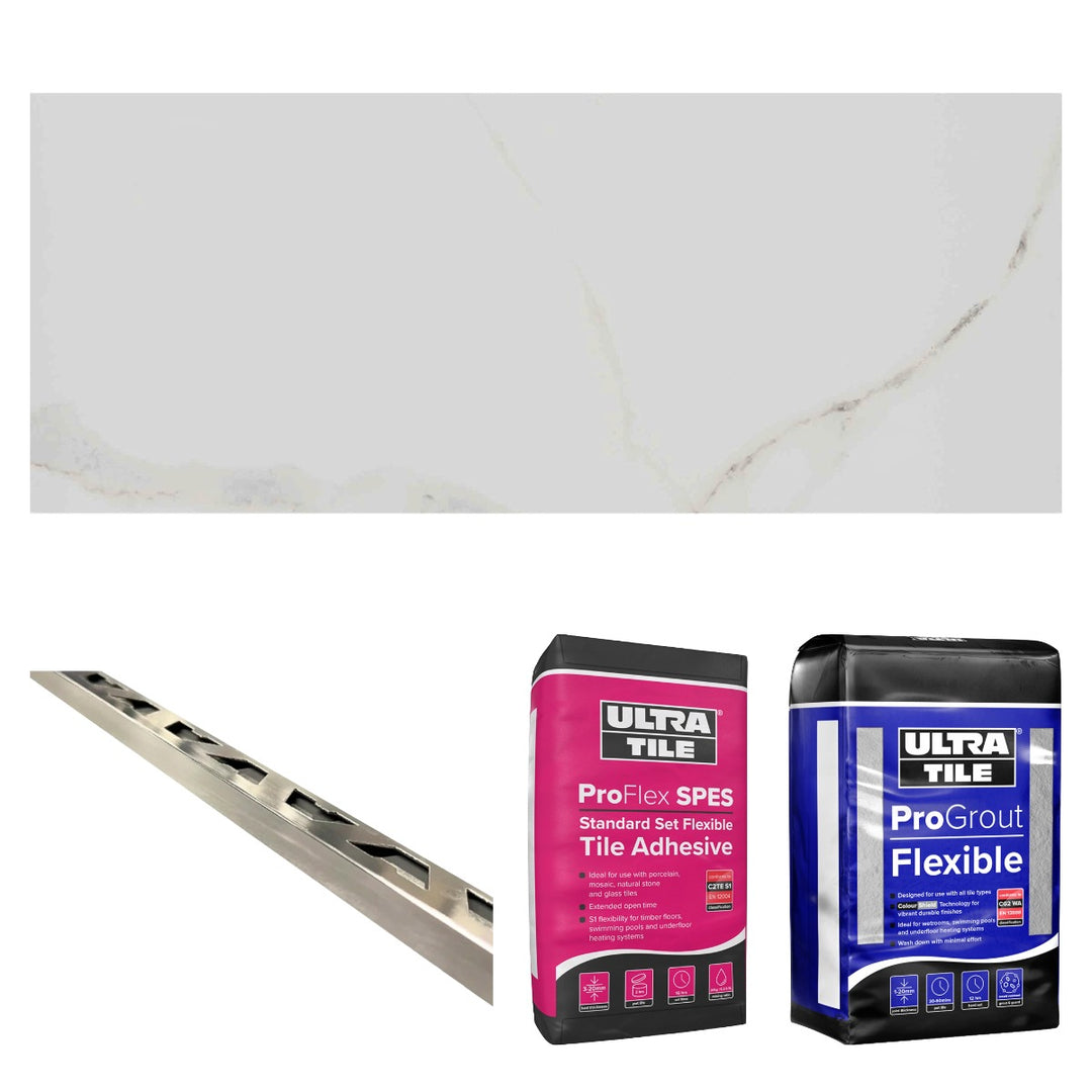 Polaris 30x60cm Wall Tile Bronze Star bundle including matt wall tiles, flexible white tile adhesive, silver grey grout and chrome straight edge tile trims for complete wall tiling installations.
