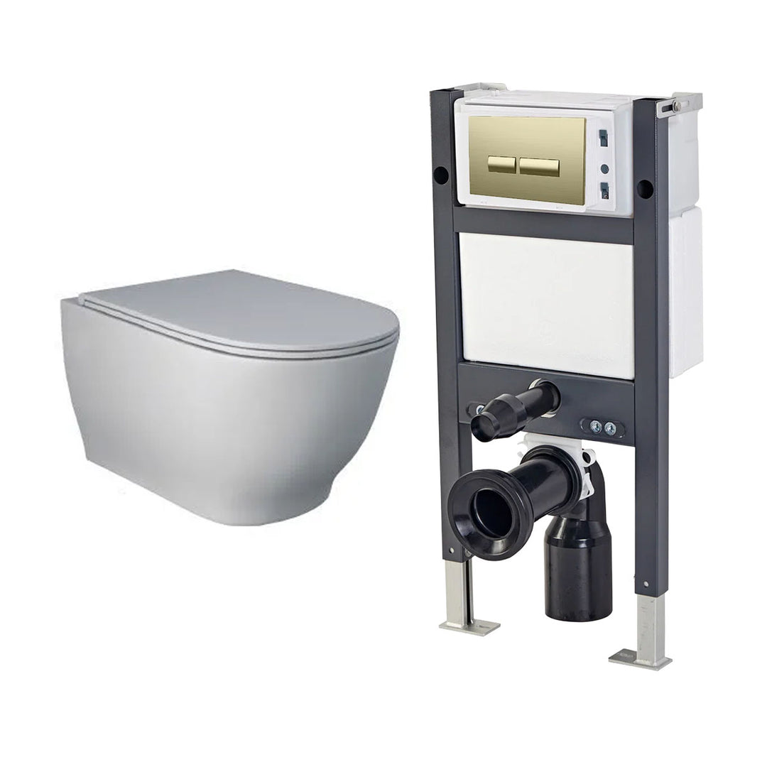 Rak Moon Wall Hung Toilet, Wall Hung Toilet Frame, Concealed Cistern &amp; Brushed Brass Flush Plate