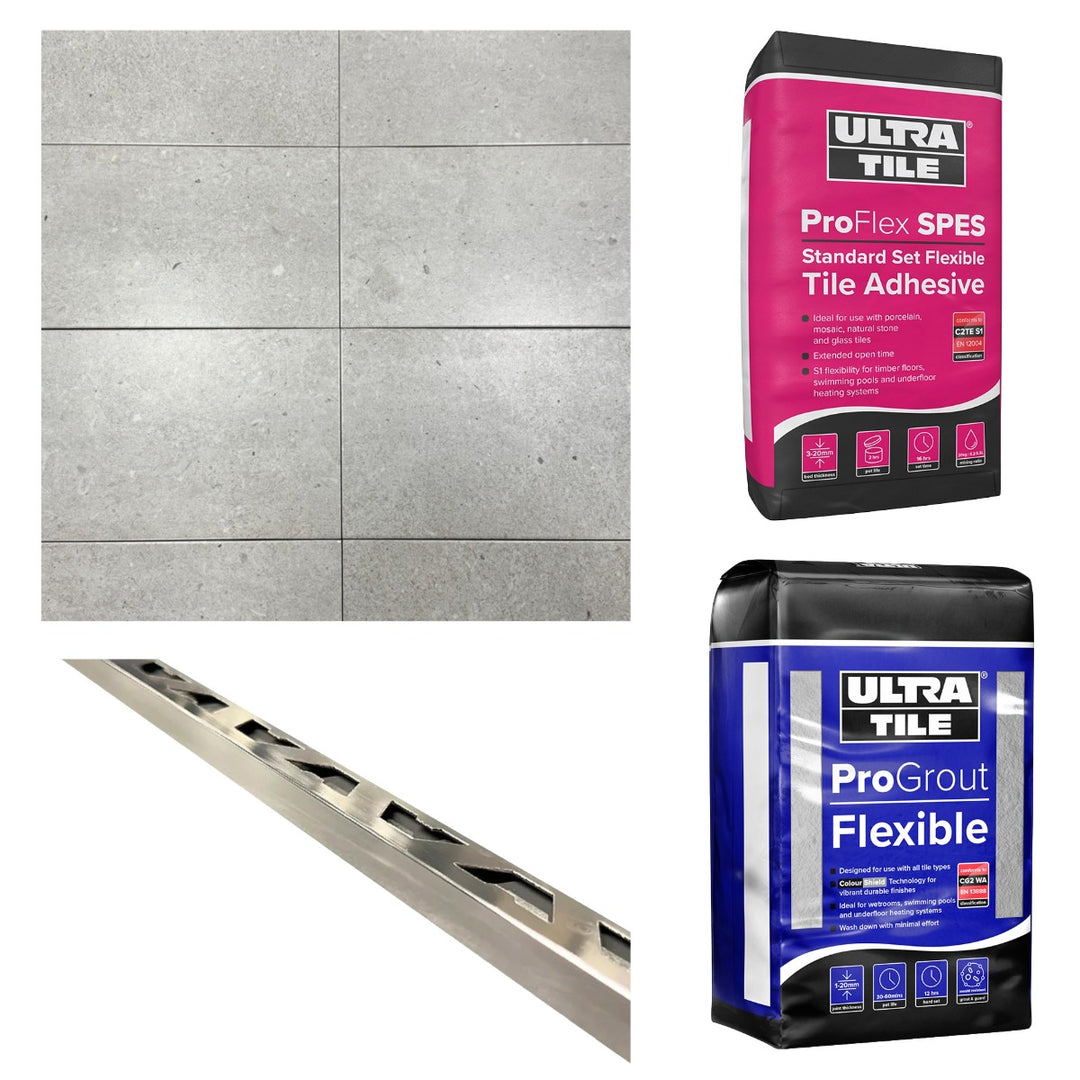 Stone Light Grey 30x60cm Bronze Star tile bundle including light grey stone-effect porcelain tiles, flexible white tile adhesive, silver grey grout and chrome straight edge tile trim.