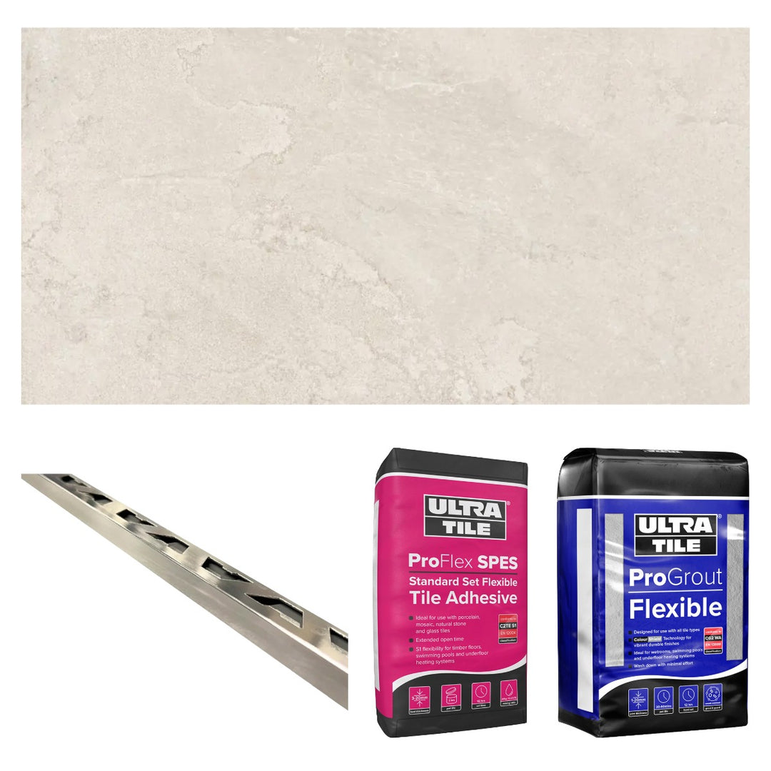 Slate Mix Cream Matt 30x60cm Gold Star bundle including cream slate-effect rectified porcelain tiles, flexible white tile adhesive, silver grey grout and chrome straight edge tile trims for complete wall and floor tiling.