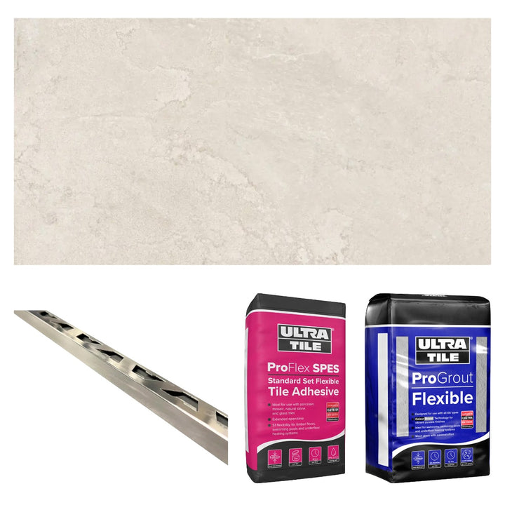 Slate Mix Cream Matt 30x60cm Gold Star bundle including cream slate-effect rectified porcelain tiles, flexible white tile adhesive, silver grey grout and chrome straight edge tile trims for complete wall and floor tiling.