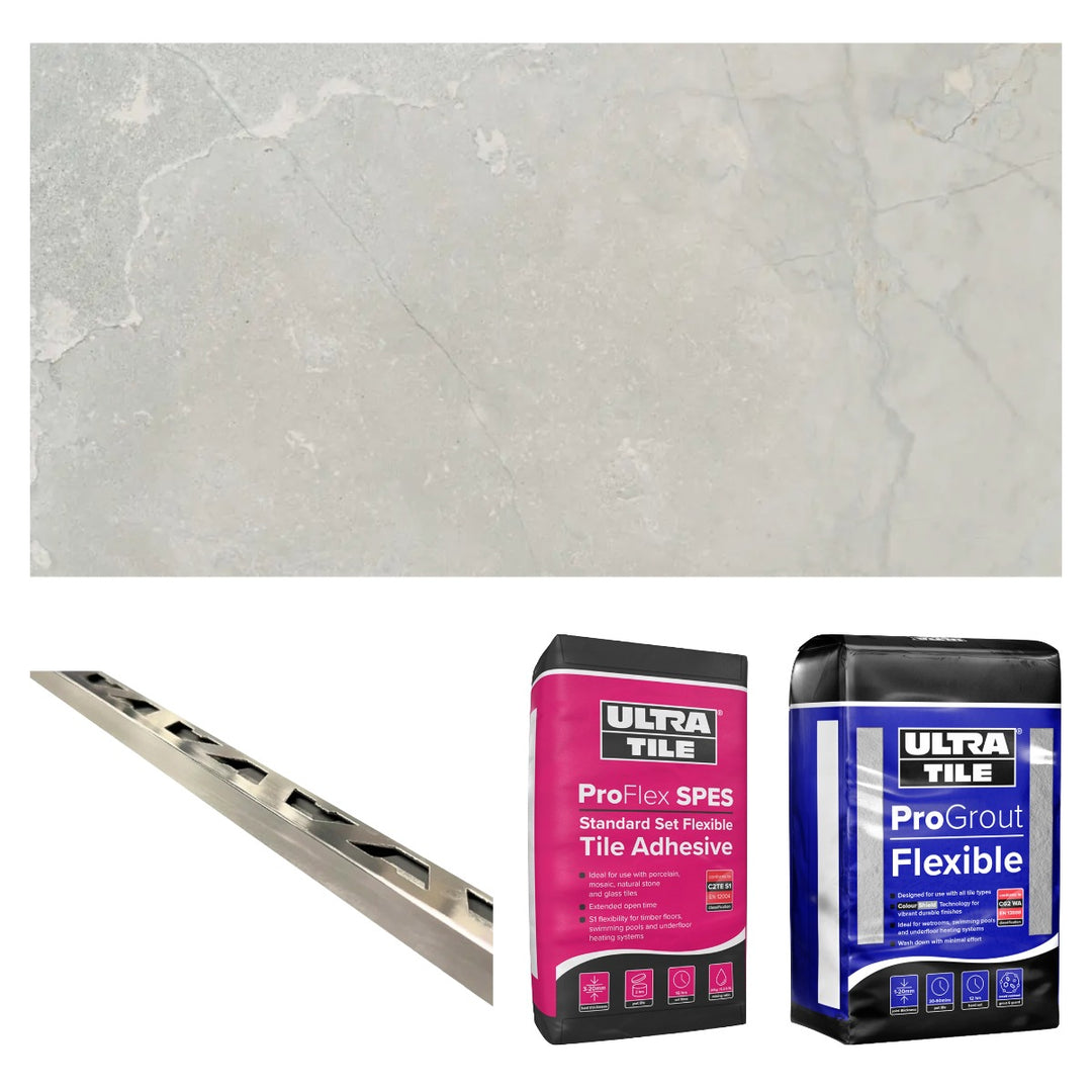 Slate Mix Grey Matt 30x60cm Gold Star bundle including grey slate-effect rectified porcelain tiles, flexible white tile adhesive, silver grey grout and chrome straight edge tile trims for complete wall and floor tiling.
