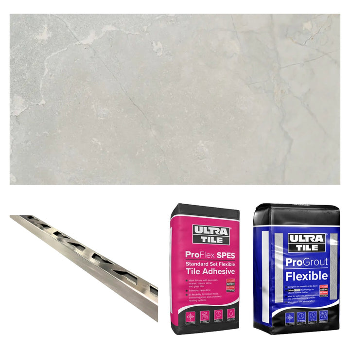 Slate Mix Grey Matt 30x60cm Gold Star bundle including grey slate-effect rectified porcelain tiles, flexible white tile adhesive, silver grey grout and chrome straight edge tile trims for complete wall and floor tiling.