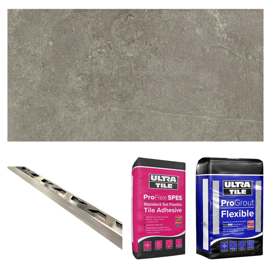 Slate Mix Nature Matt 30x60cm Gold Star bundle including slate-effect rectified porcelain tiles, flexible white tile adhesive, silver grey grout and chrome straight edge tile trims for complete wall and floor tiling.