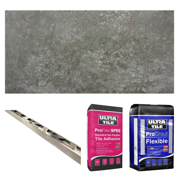 Amstel Anthracita Matt 30x60cm Bronze Star bundle including anthracite matt porcelain floor tiles, flexible white tile adhesive, silver grey grout and chrome straight edge tile trims for complete tiling installations.