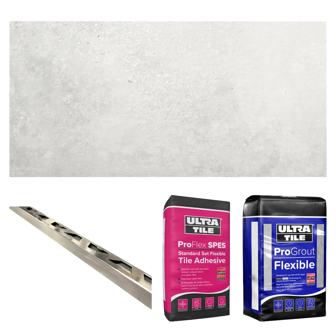 Amstel Blanco Matt 30x60cm Bronze Star bundle including white matt porcelain floor tiles, flexible white tile adhesive, silver grey grout and chrome straight edge tile trims for complete floor tiling installations.