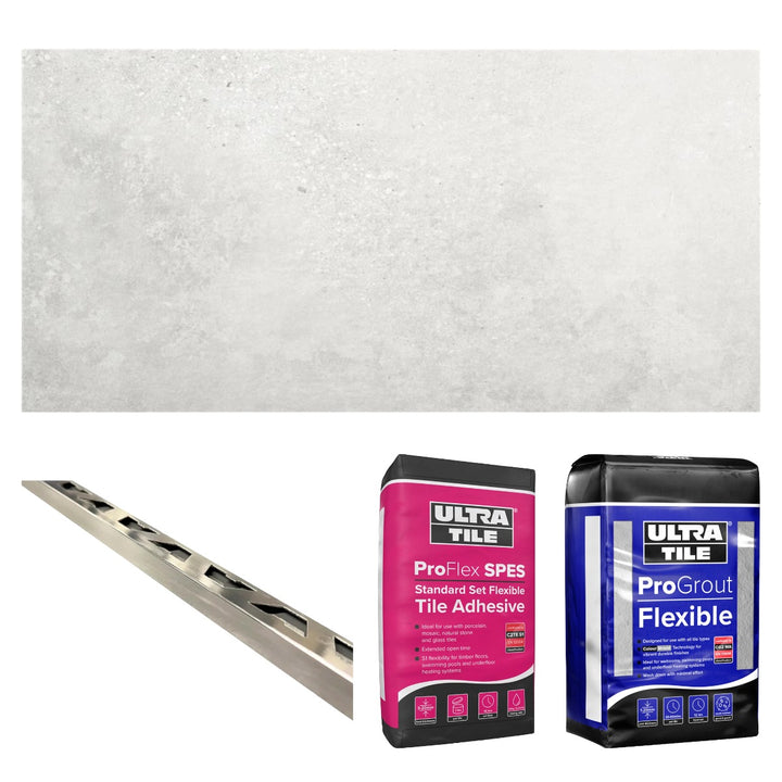 Amstel Blanco Matt 30x60cm Bronze Star bundle including white matt porcelain floor tiles, flexible white tile adhesive, silver grey grout and chrome straight edge tile trims for complete floor tiling installations.