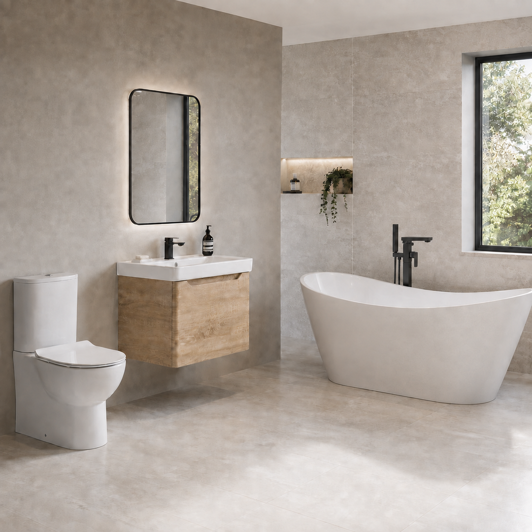 Modern bathroom suite featuring a freestanding white bathtub, wall-mounted wooden vanity with white sink and black faucet, white toilet and mirror.