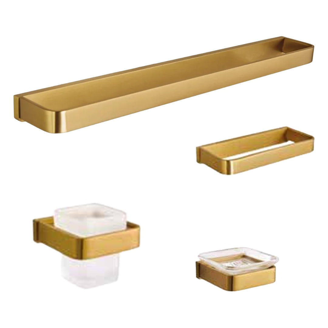Tre Mercati Disc brushed brass bathroom accessory set including a towel rail, towel ring, glass tumbler holder and wall-mounted soap dish.