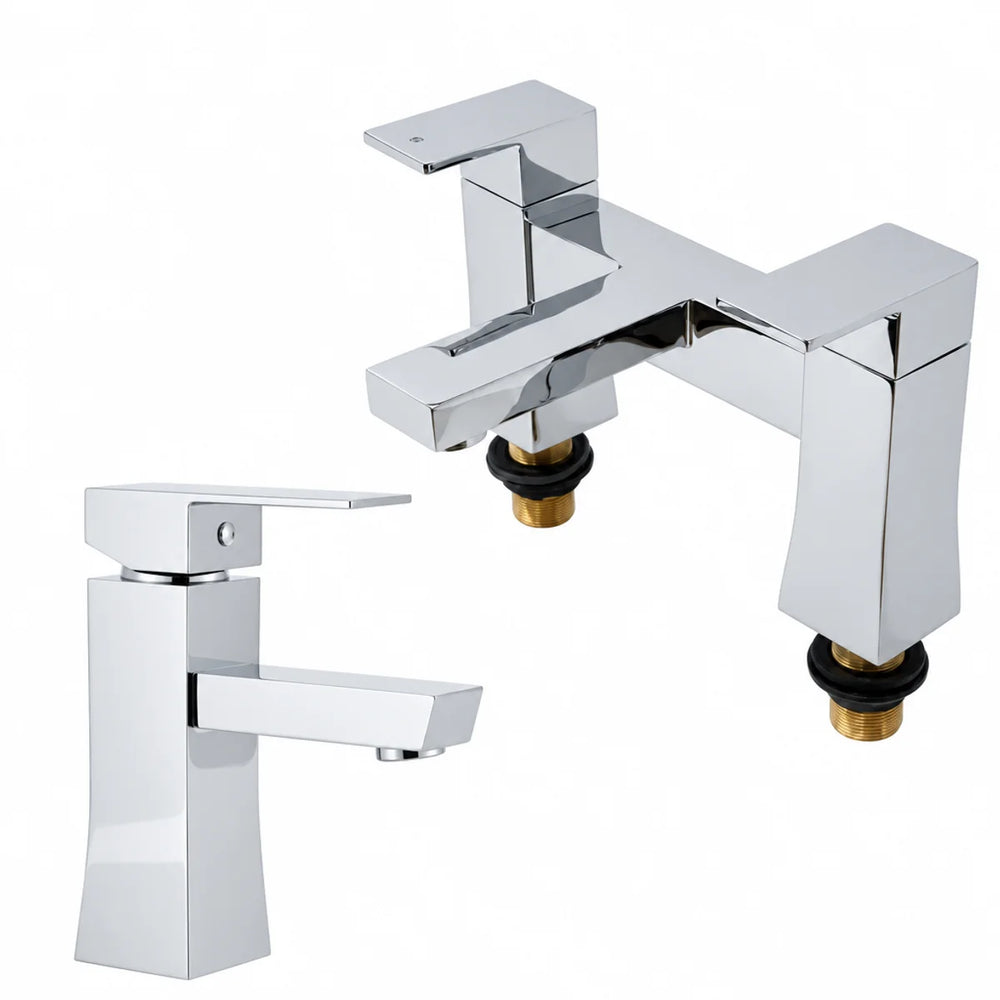 Tre Mercati Haworth chrome square-style bath filler and basin mixer tap set shown together, with brass tails visible on the bath filler