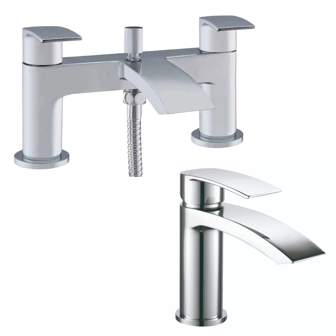 Tre Mercati Ripley Basin and Bath Shower Mixer Deal featuring a chrome basin mixer tap and matching bath shower mixer with curved waterfall-style spouts and contemporary lever handles.