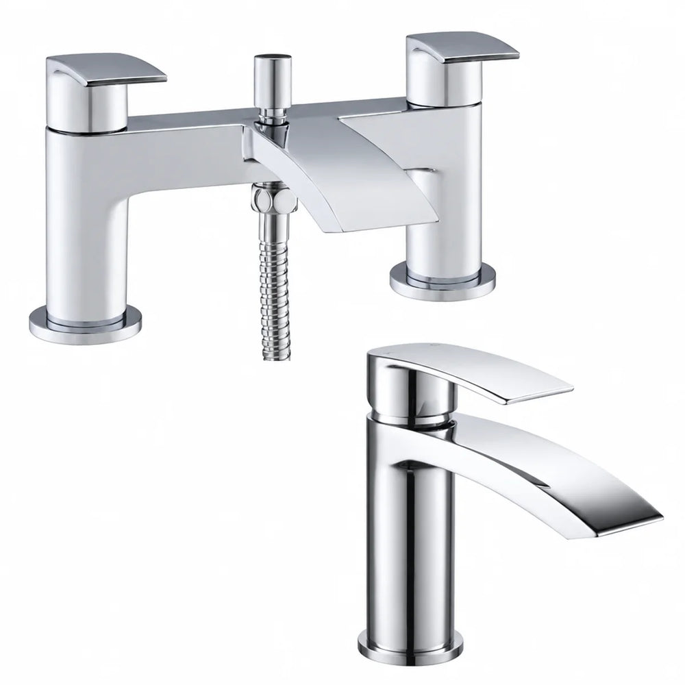 Tre Mercati Ripley chrome bath shower mixer tap with hose beside a matching mono basin mixer tap, both with waterfall spouts