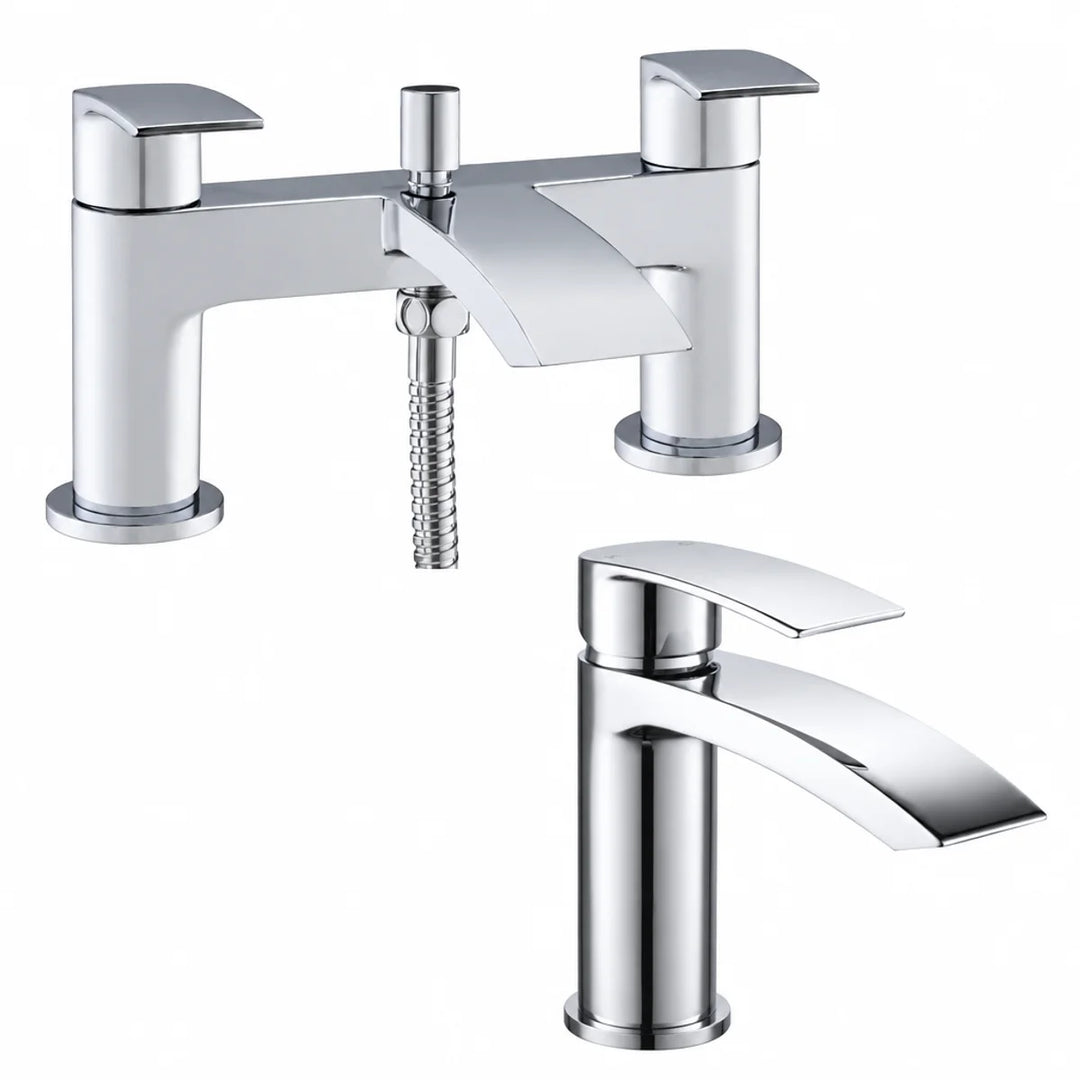 Tre Mercati Ripley chrome bath shower mixer tap with hose beside a matching mono basin mixer tap, both with waterfall spouts
