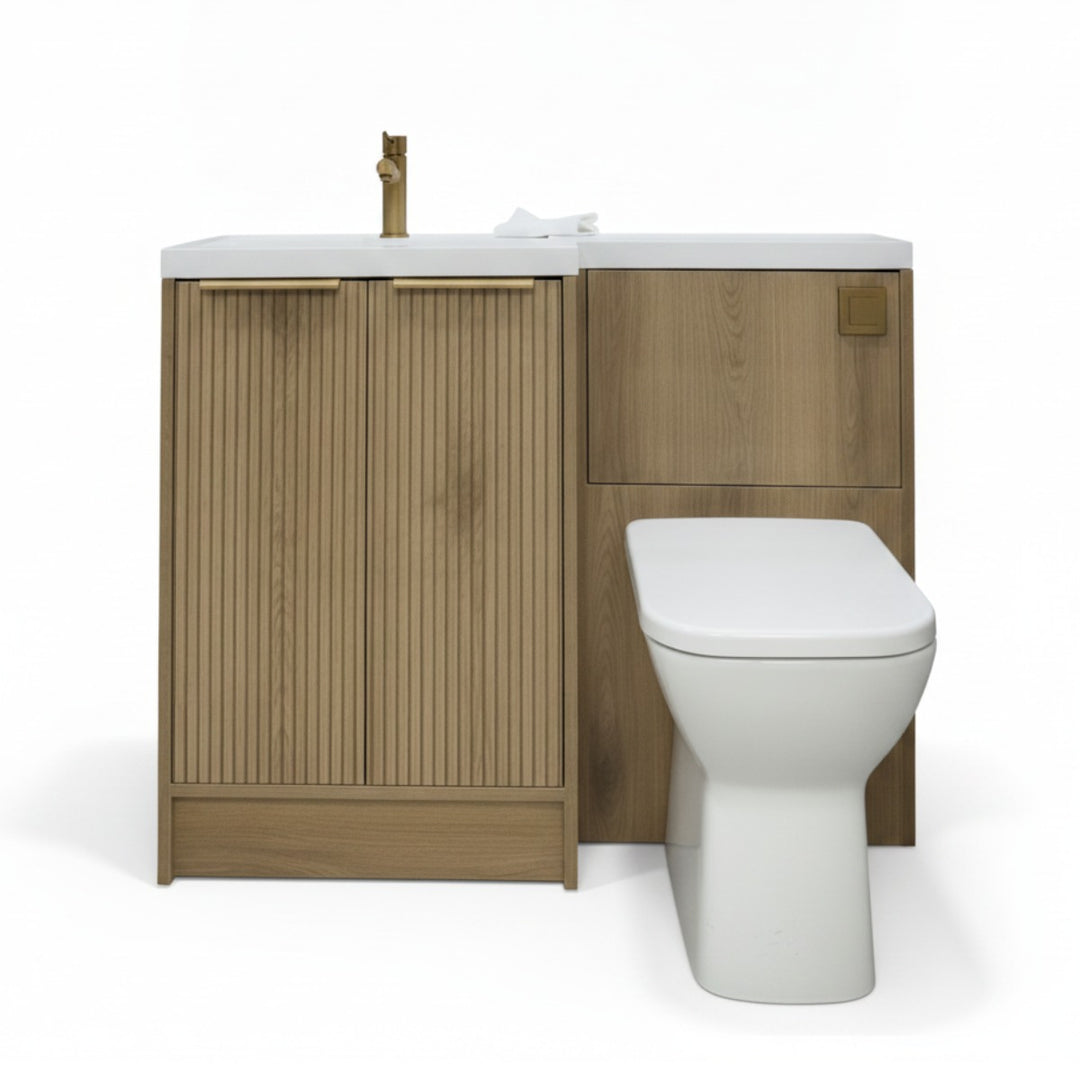 Josef Martin Acousta Oak Combination Vanity Unit &amp; WC Pack with L-Shaped Basin - Left Hand - Brushed Brass