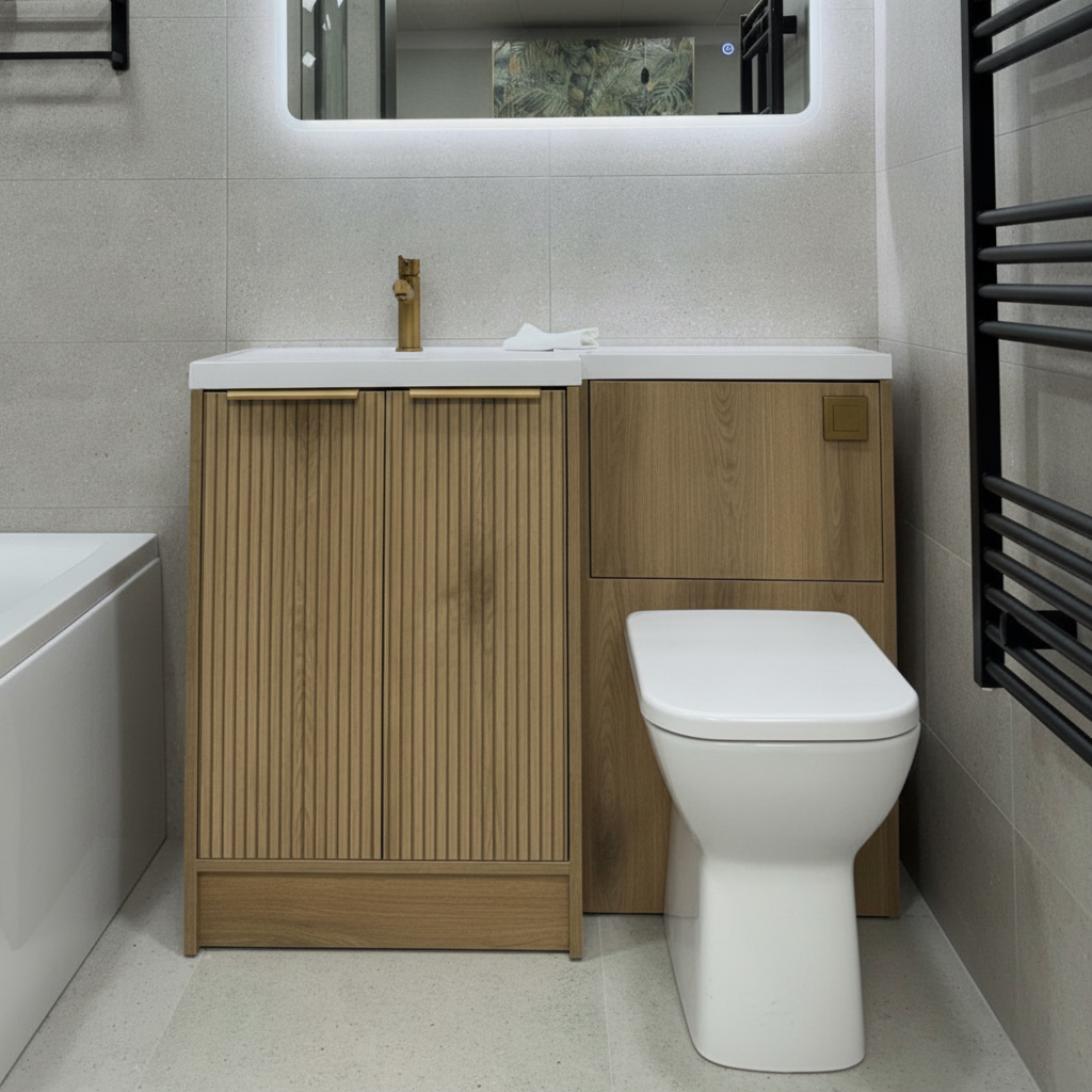 Josef Martin Acousta Oak Combination Vanity Unit &amp; WC Pack with L-Shaped Basin - Left Hand - Brushed Brass