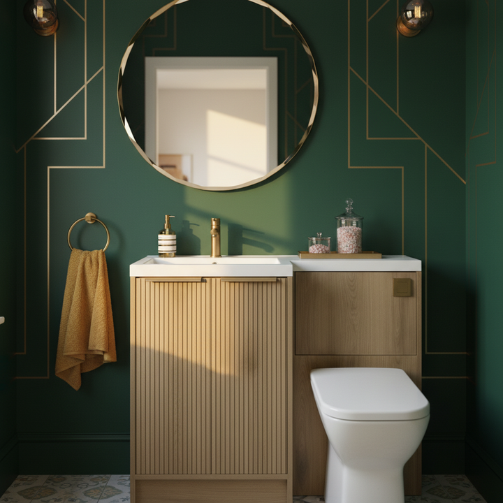 Josef Martin Acousta Oak Combination Vanity Unit &amp; WC Pack with L-Shaped Basin - Left Hand - Brushed Brass
