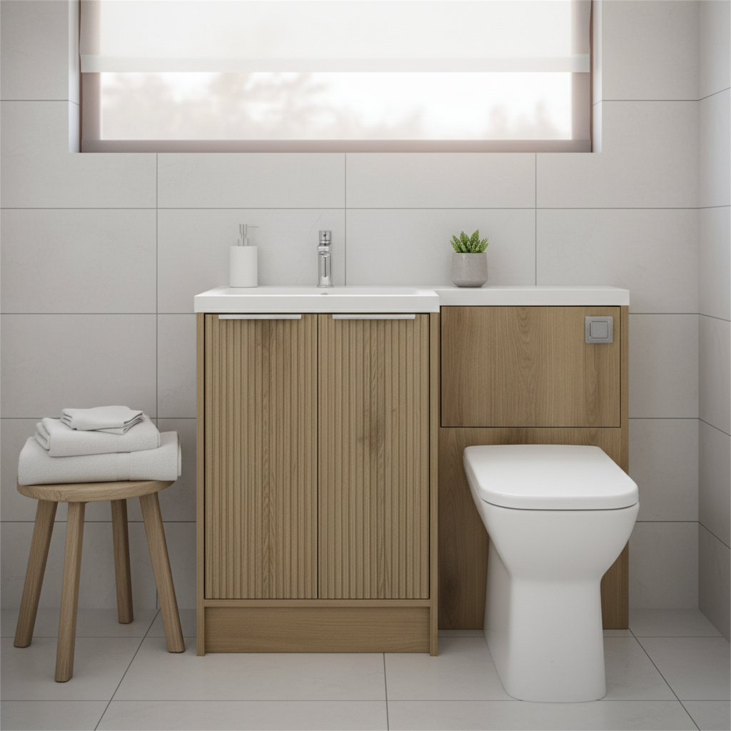 Josef Martin Acousta Oak Combination Vanity Unit &amp; WC Pack with L-Shaped Basin - Left Hand - Chrome