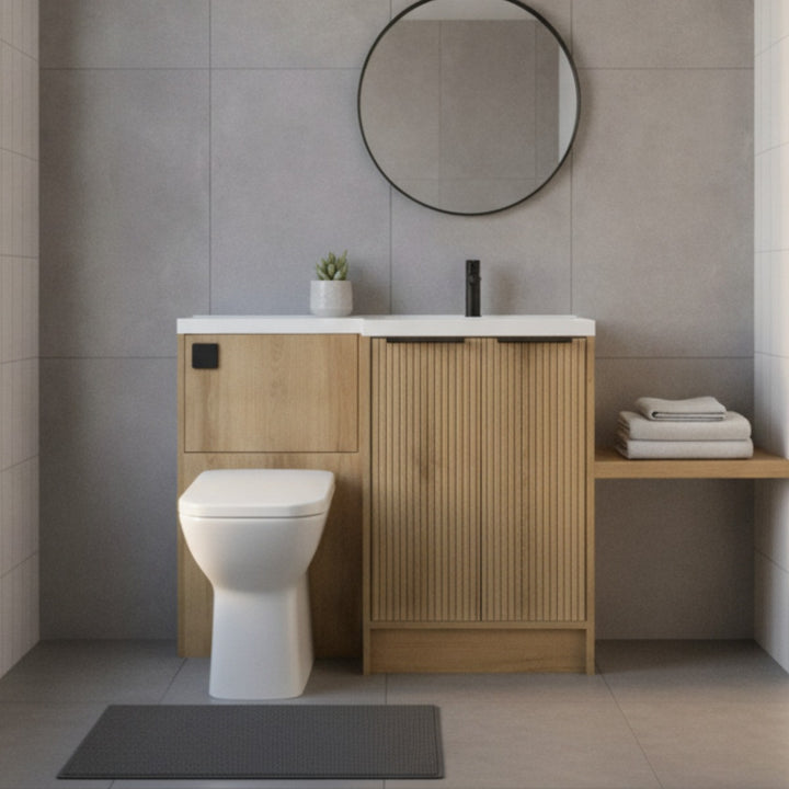 Josef Martin Right Hand Acousta Oak Combination Vanity Unit WC Pack and L-Shaped Basin with black brassware and accessories 
