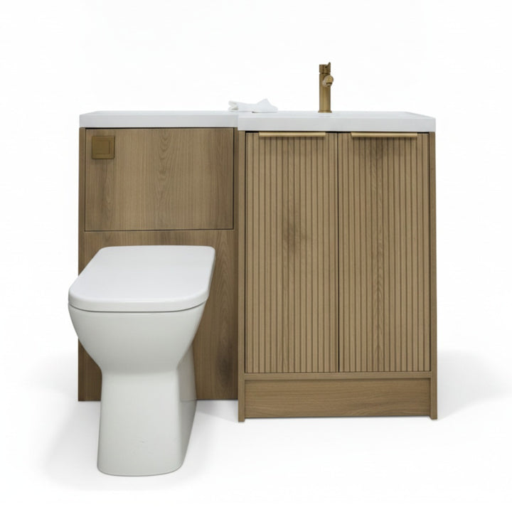 Josef Martin Acousta Oak Combination Vanity Unit &amp; WC Pack with L-Shaped Basin - Right Hand - Brushed Brass