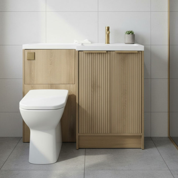 Josef Martin Right Hand Acousta Oak Combination Vanity Unit WC Pack and L-Shaped Basin with brushed brass brassware and accessories 