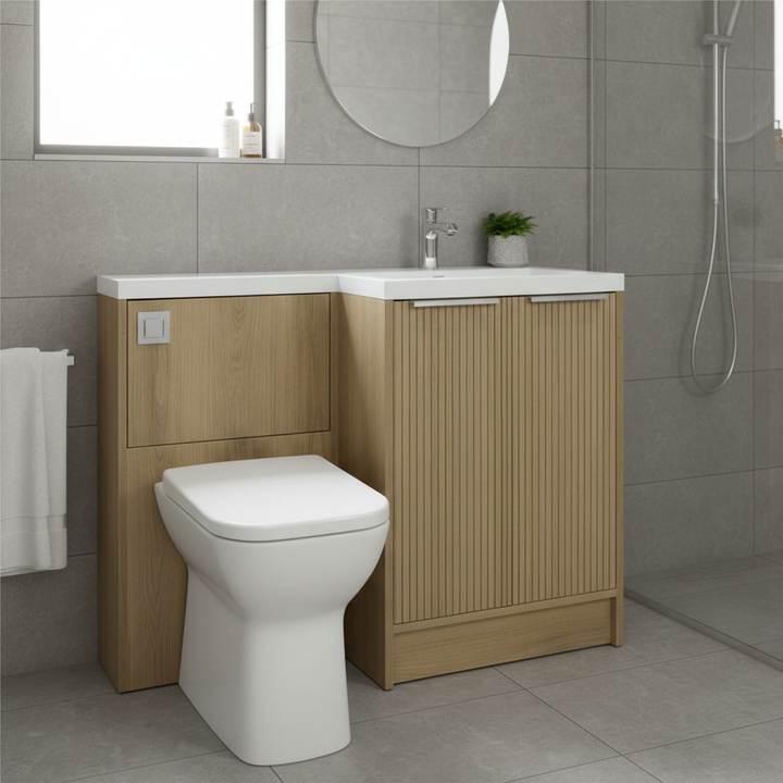 Josef Martin Right Hand Acousta Oak Combination Vanity Unit WC Pack and L-Shaped Basin with chrome brassware and accessories 