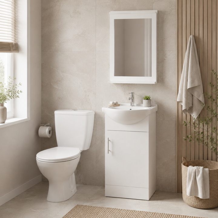 Vitra toilet and 450mm gloss white vanity unit pack with matching mirror, chrome basin mixer tap, slotted basin waste and chrome handle, designed for modern bathrooms and cloakrooms.
