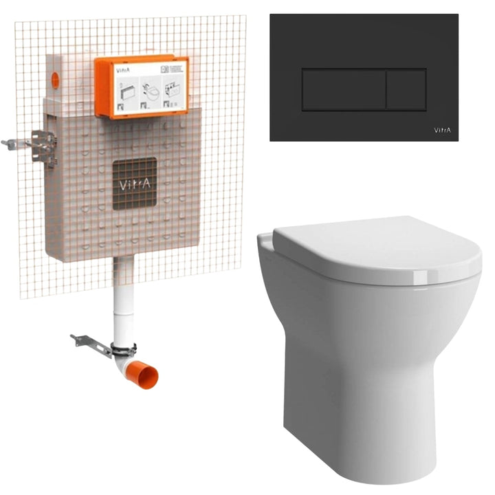 Vitra S50 comfort height back-to-wall toilet with standard toilet seat, concealed dual flush cistern and matt black square flush plate for a sleek contemporary bathroom.
