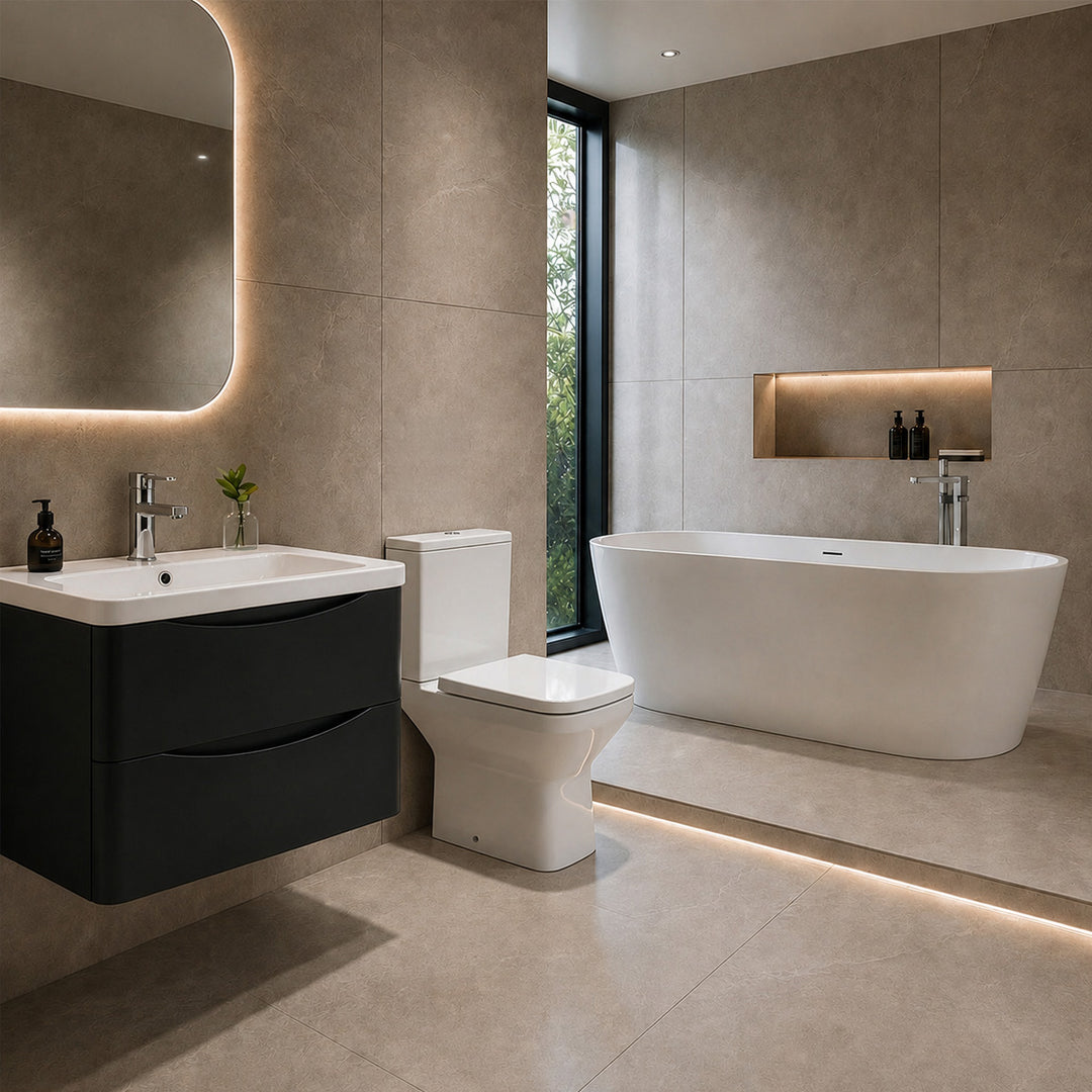Bathroom Suite deal with 1600mm Freestanding Bath, Matt Black Vanity, with basin, rimless toilet and chrome brassware.