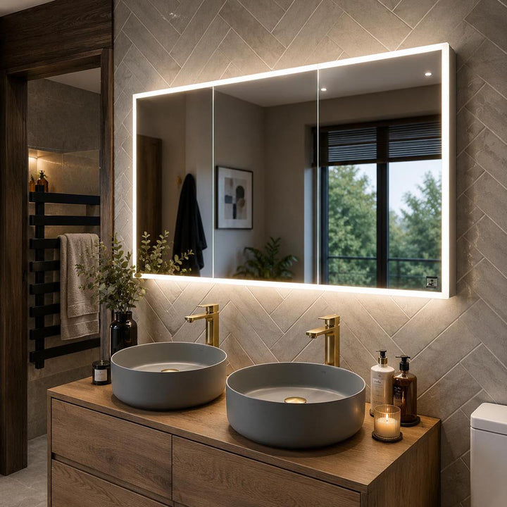 Bella LED Mirror Cabinet 1200 x 700mm Three Door Demister with Shaver and Bluetooth