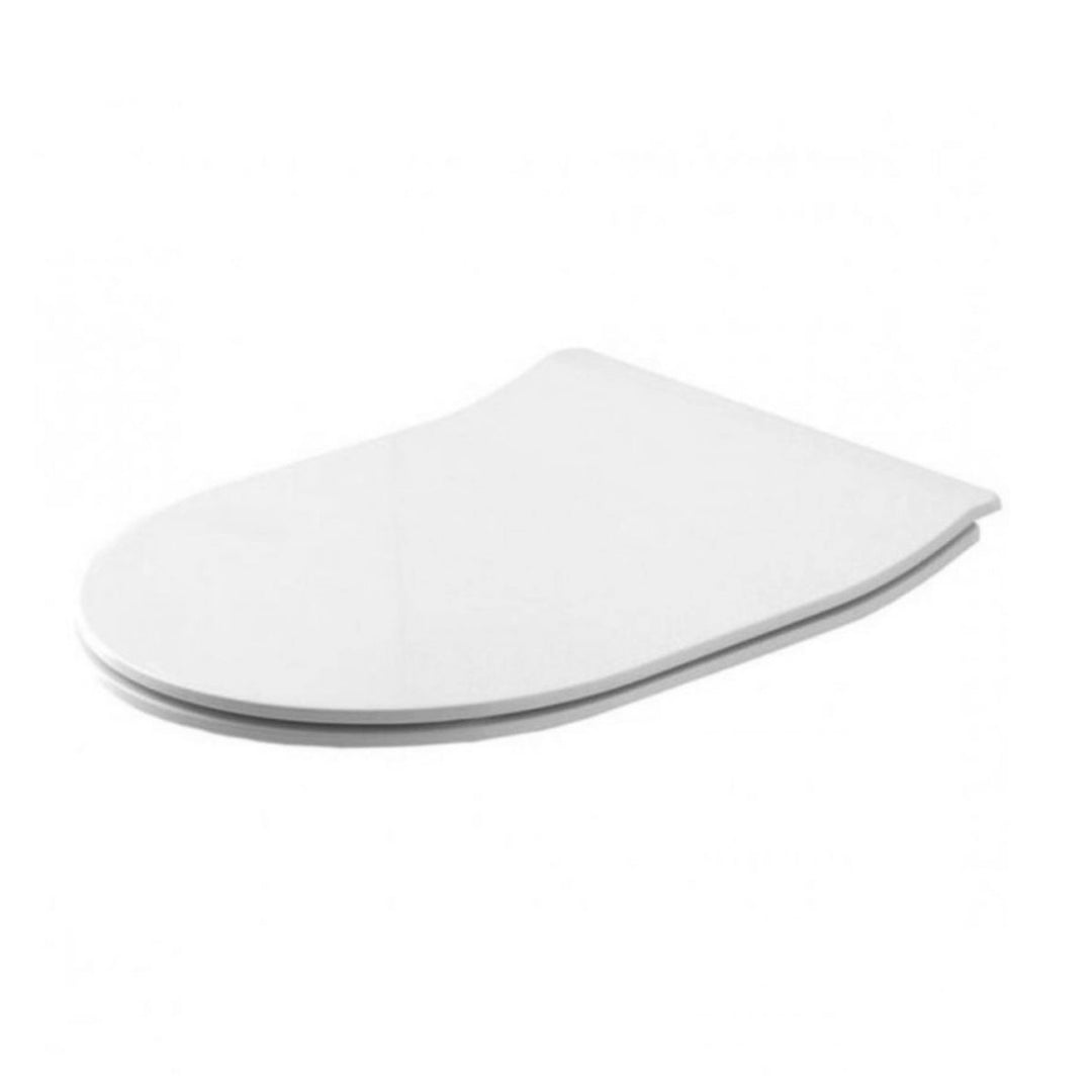 Milady white slim toilet seat and cover with extra-flat profile and take-off design for easier cleaning.