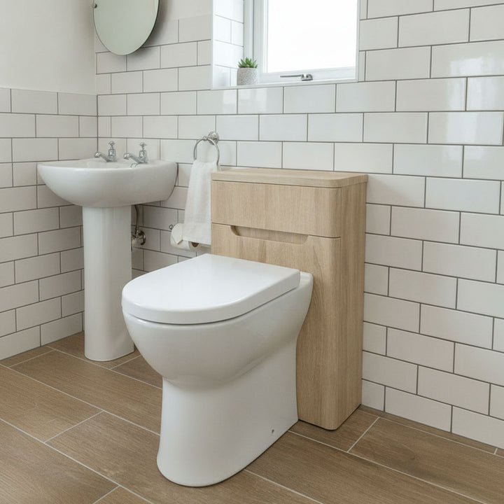 Camden 500mm WC Unit with Comfort Height Back to Wall Toilet and Concealed Cistern in Bardolino Oak