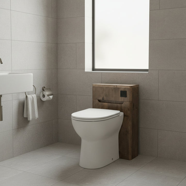 White toilet with wooden vanity unit