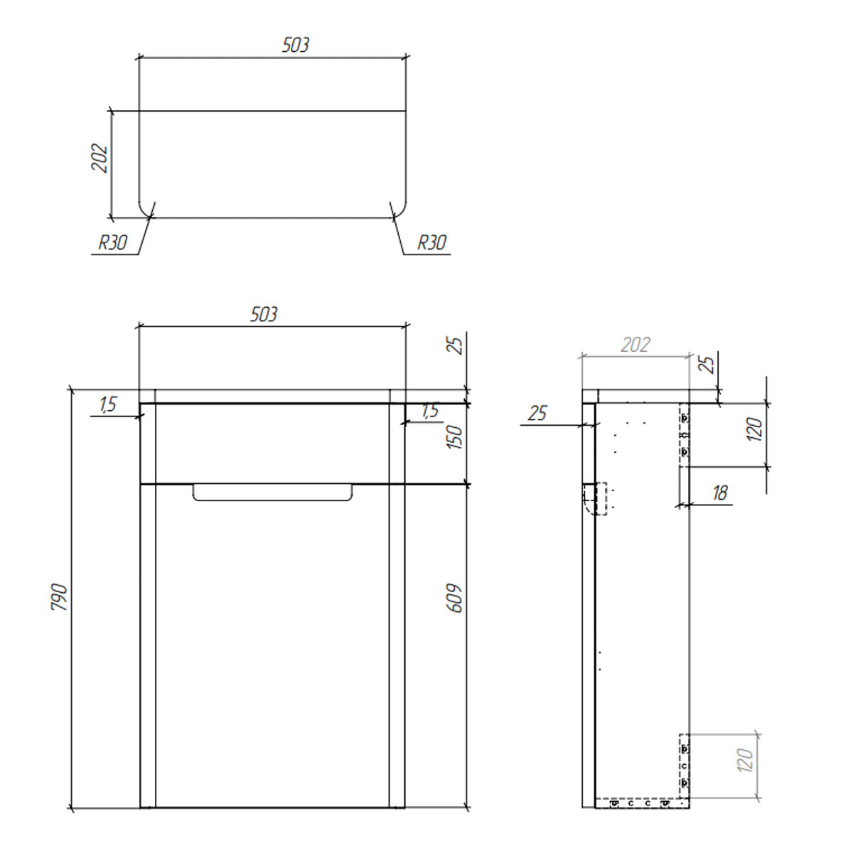 Camden 500mm WC Unit - Chestnut - Technical drawing