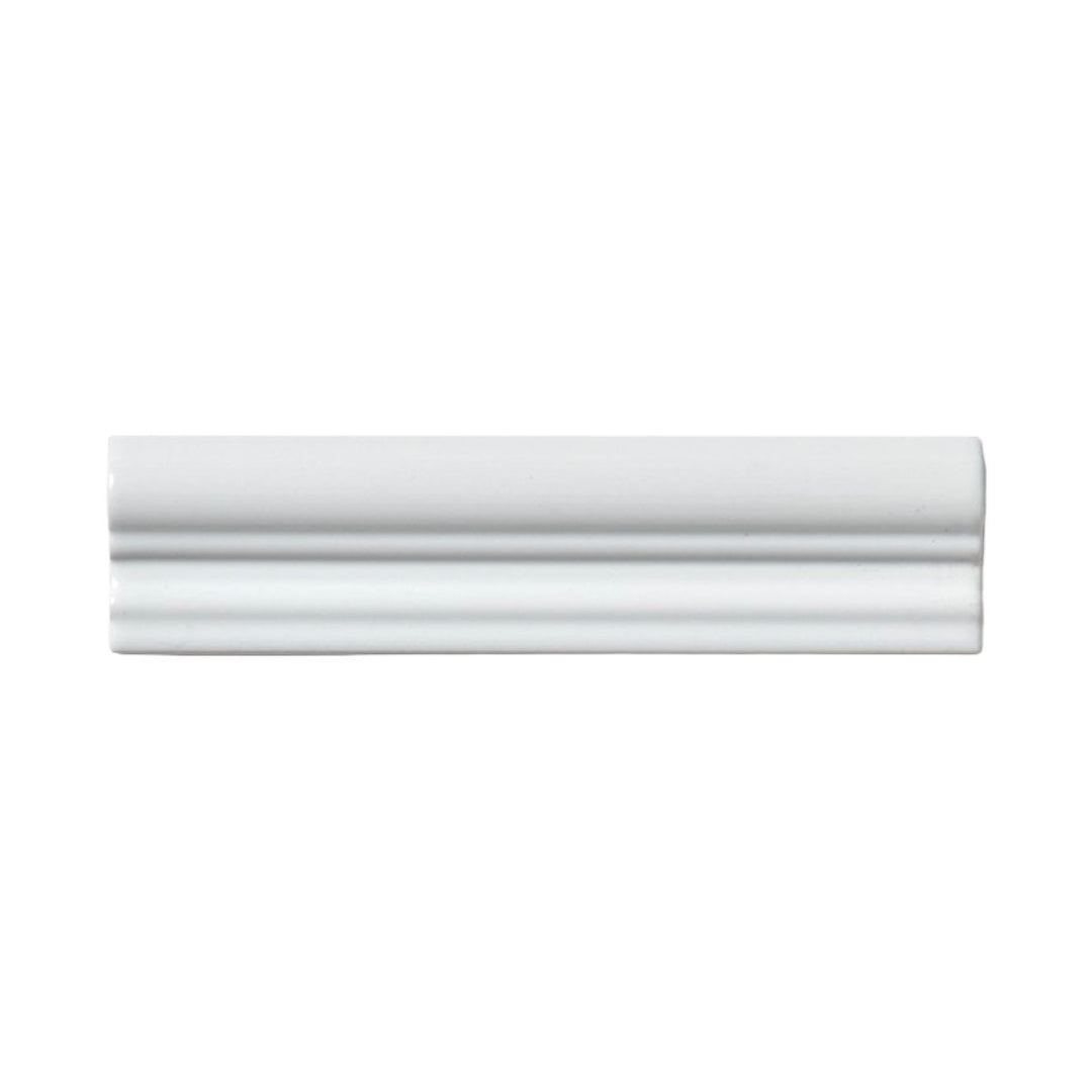 White matt 5 x 20cm ceramic capping border tile with a decorative profile, designed to create a neat finishing edge on interior tiled walls.