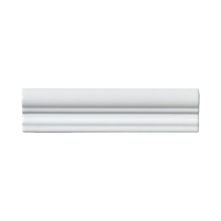 White matt 5 x 20cm ceramic capping border tile with a decorative profile, designed to create a neat finishing edge on interior tiled walls.