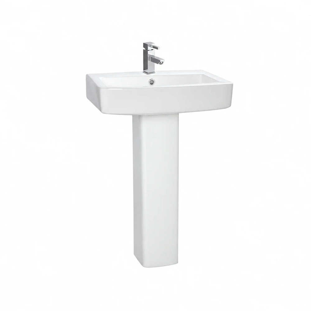 Moods Bathrooms to Love Cassia basin and full pedestal in white gloss, front view with a chrome mixer tap fitted