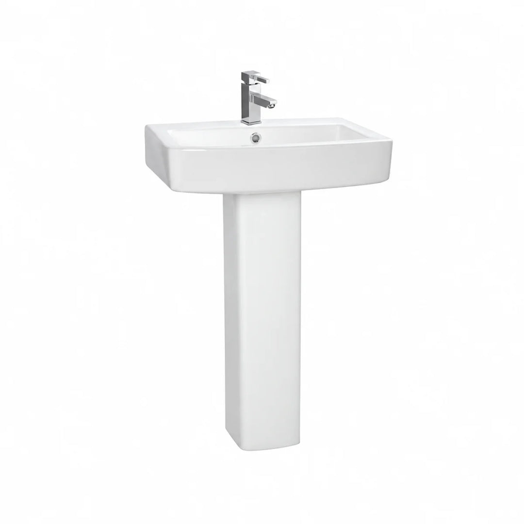 Moods Bathrooms to Love Cassia basin and full pedestal in white gloss, front view with a chrome mixer tap fitted