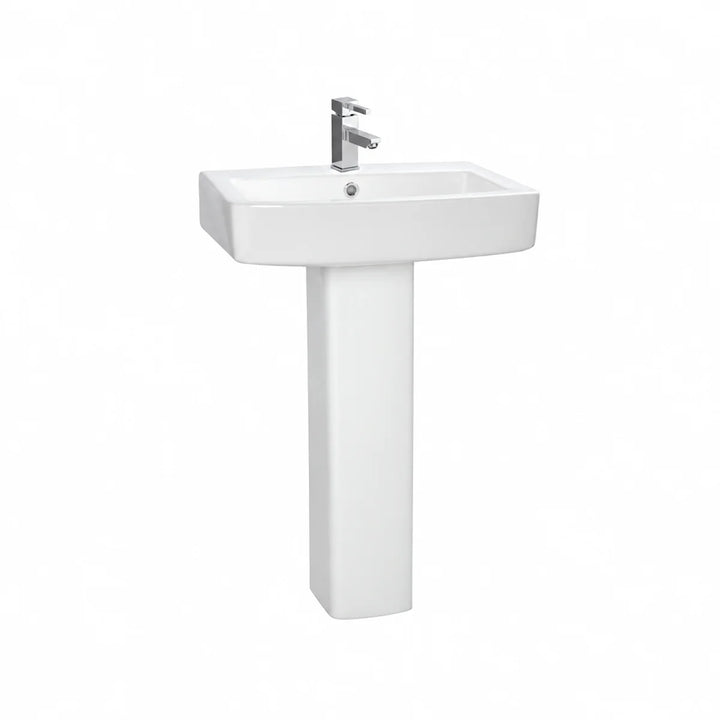 Moods Bathrooms to Love Cassia basin and full pedestal in white gloss, front view with a chrome mixer tap fitted