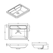 Nuie 1 Tap Hole 600mm Ceramic Curved Basin - Technical drawing
