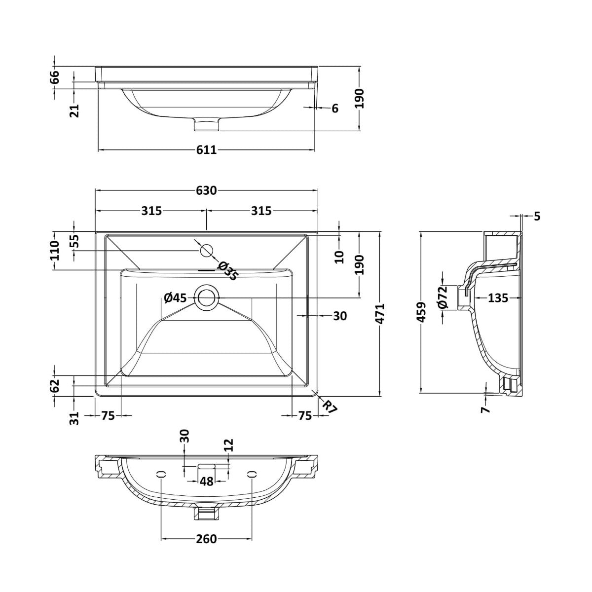 Nuie 1 Tap Hole 600mm Traditional Fireclay Basin - Technical drawing