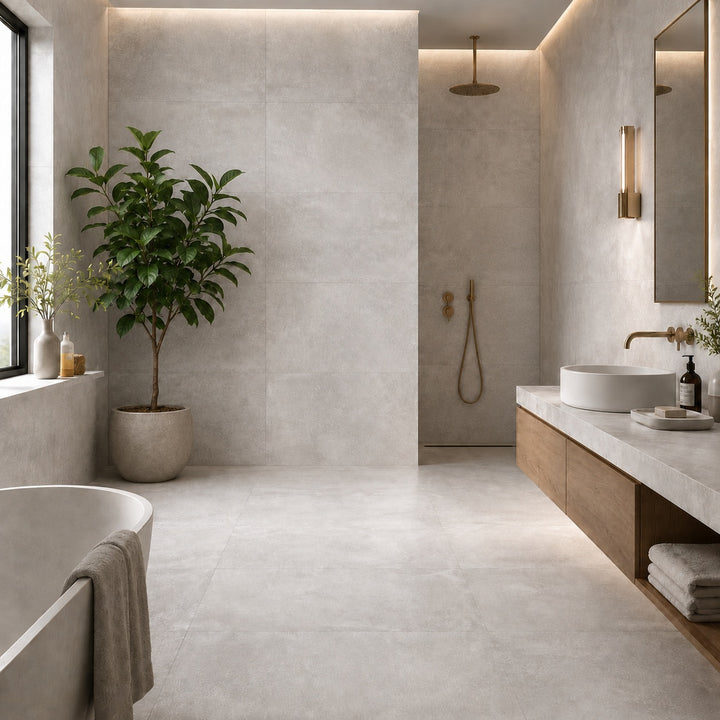 Iron Grey Matt 60 x 120cm rectified porcelain tiles with a subtle stone-effect finish, creating a contemporary luxury bathroom with seamless floor and wall installation.