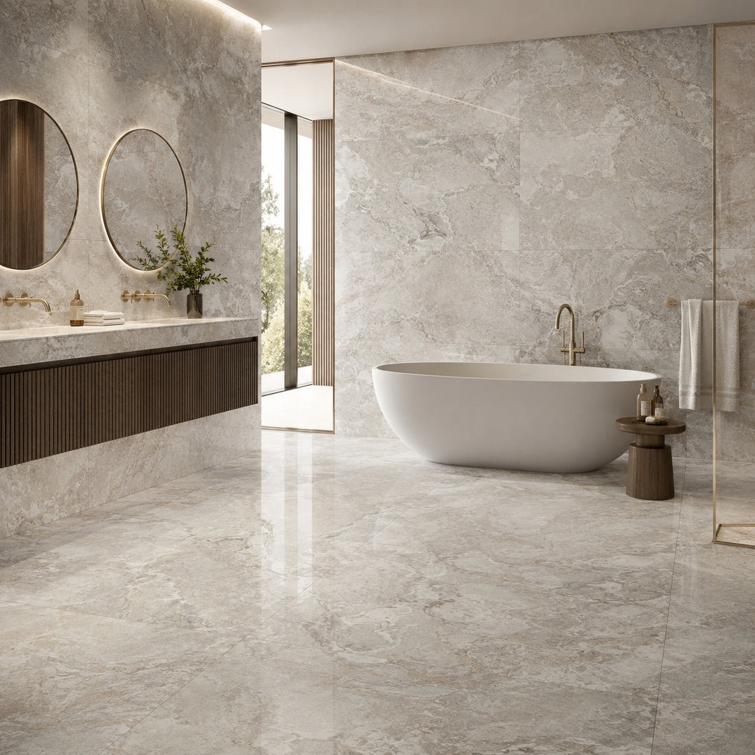 Candy Perla 120 x 120cm rectified porcelain tiles with a luxurious marble-effect finish, creating a seamless contemporary bathroom across walls and floors.