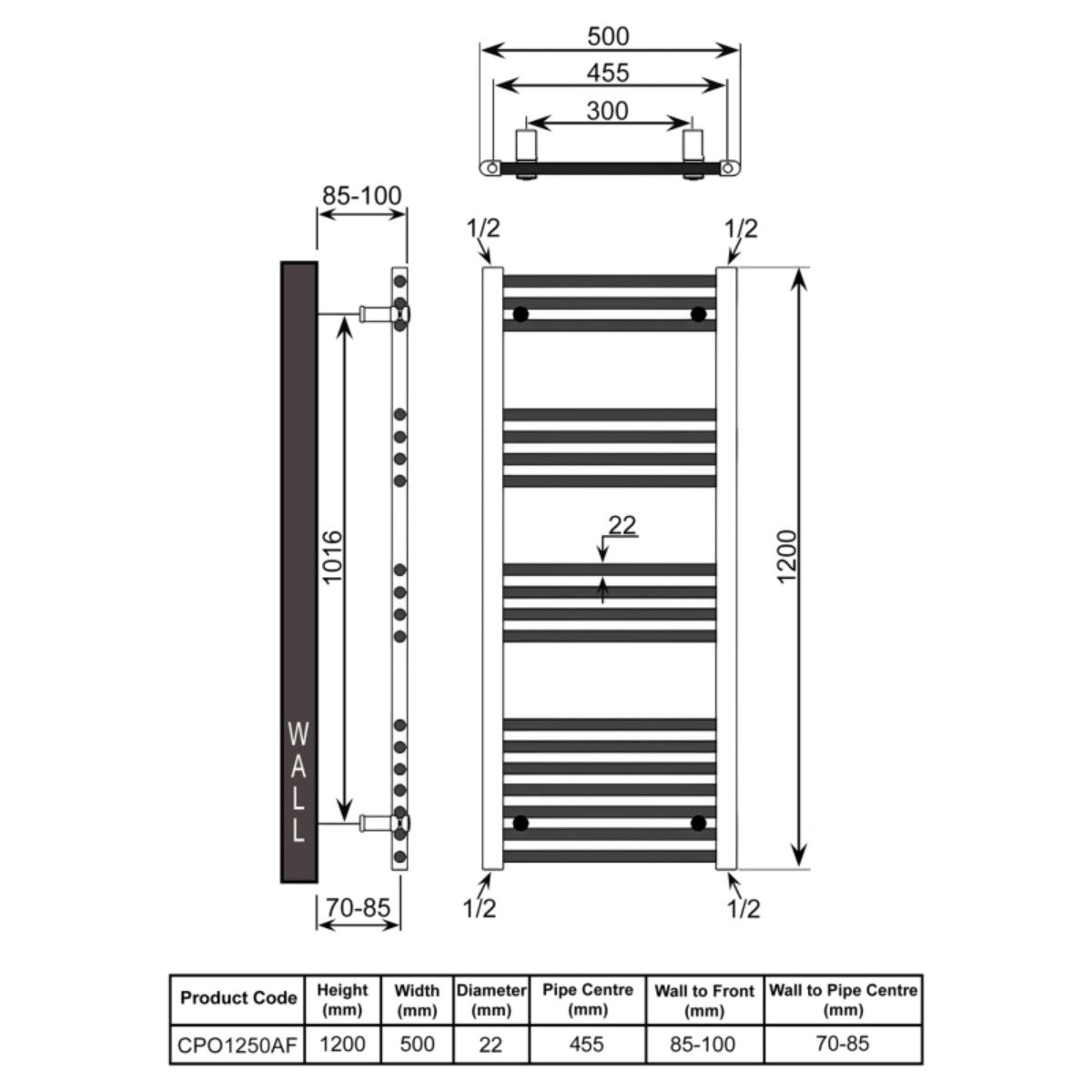 Reina Capo 1200 x 500mm Flat Towel Rail - Anthracite - Technical drawing