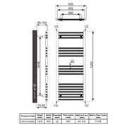 Reina Capo 1200 x 500mm Flat Towel Rail - Anthracite - Technical drawing