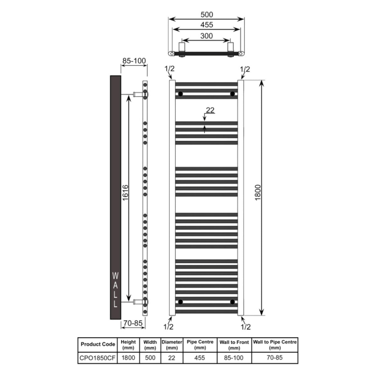 Reina Capo 1800 x 500mm Flat Towel Rail - Chrome - Technical drawing