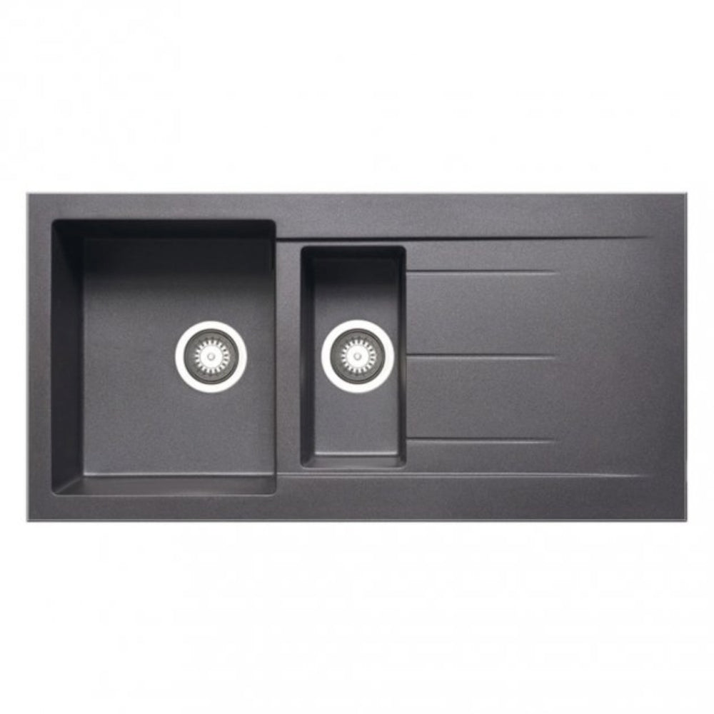 Prima+ Granite 1.5 bowl inset kitchen sink in gun metal with integrated drainer, featuring a durable granite composite construction and modern rectangular design.