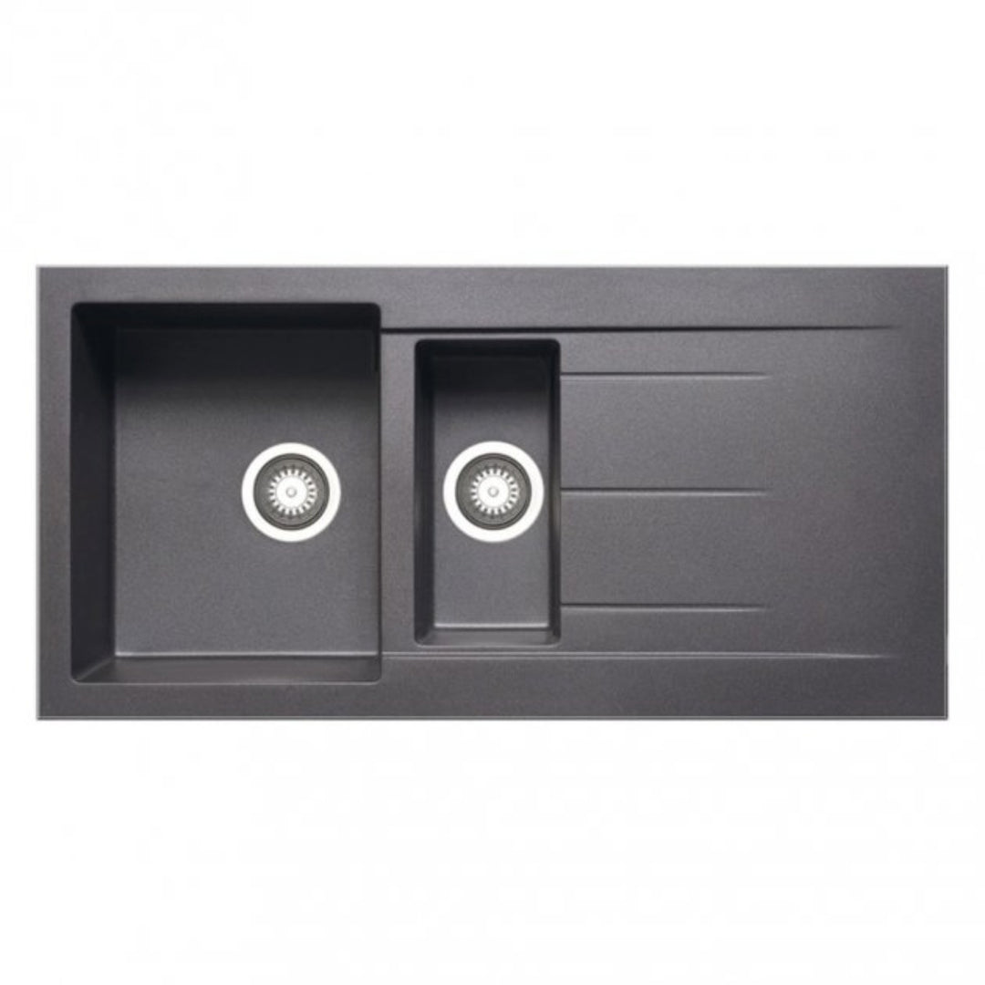 Prima+ Granite 1.5 bowl inset kitchen sink in gun metal with integrated drainer, featuring a durable granite composite construction and modern rectangular design.
