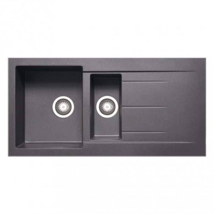 Prima+ Granite 1.5 bowl inset kitchen sink in gun metal with integrated drainer, featuring a durable granite composite construction and modern rectangular design.