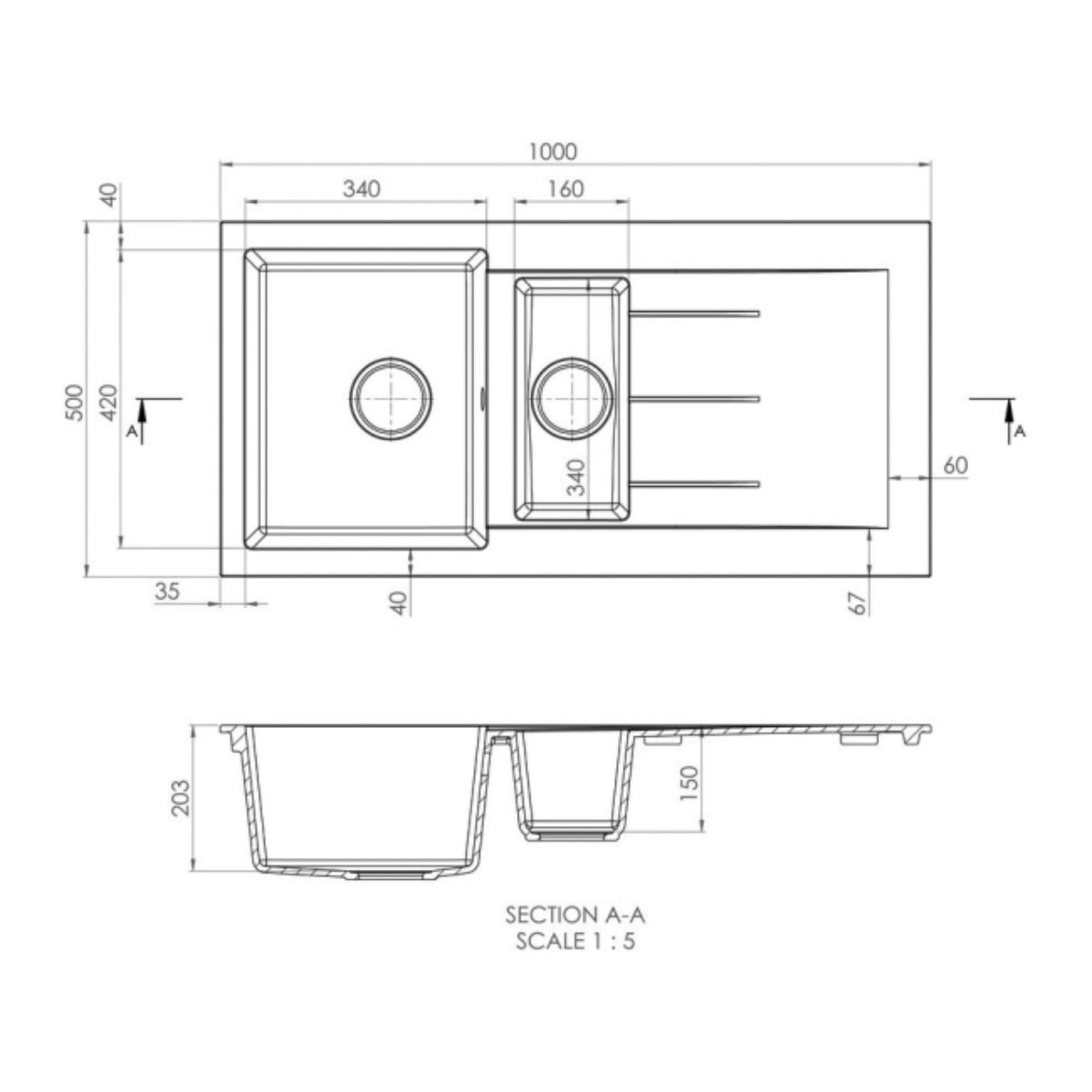 Prima+ Granite 1.5B & Drainer Inset Sink - Gun Metal - Technical drawing